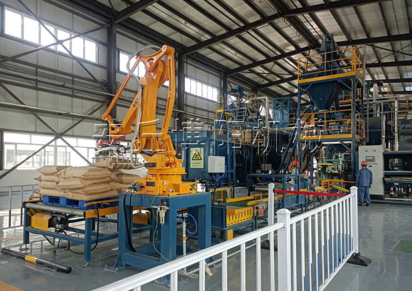 澆注料全自動包裝設（shè）備配（pèi）套自（zì）動碼垛機（jī）械手的工作（zuò）流程是什（shí）麽？